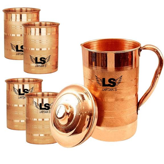 Pure Copper Water Jug 2 Liter (67.6 oz) with 4 Copper Glasses Set  Ayurvedic Drinking Water Pitcher with Lid & Handle  Traditional Copper Drinkware Set for Home & Kitchen
