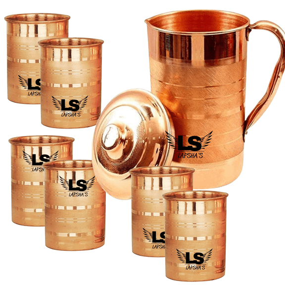 Pure Copper Water Jug 2 Liter (67.6 oz) with 6 Copper Glasses Set Ayurvedic Drinking Water Pitcher with Lid & Handle Traditional Copper Drinkware Set for Home & Kitchen