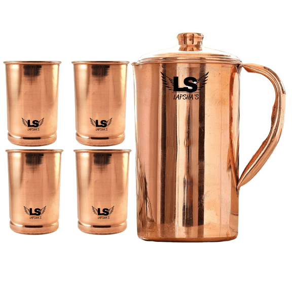 Pure Copper Water Jug with 4 Glasses Set 2 Liter (67.6 oz) Plain Polished Finish Pitcher with Lid & Handle Ayurvedic Copper Drinkware Set for Home & Dining
