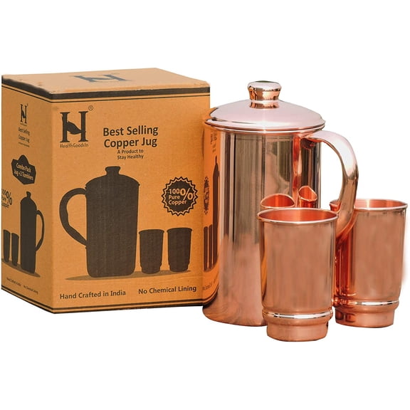 Pure Copper Water Jug 50.4 fl oz with 2 Copper Tumblers 11.5 fl oz for Ayurveda Health Benefits