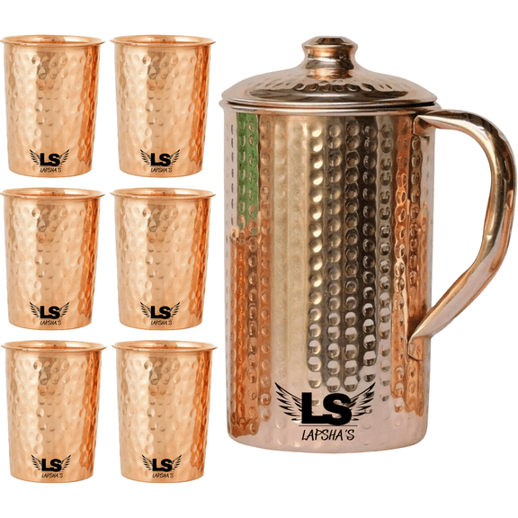 Pure Copper Water Jug with 6 Glasses Set  2 Liter (67.6 oz) Hammered Finish Pitcher with Lid & Handle  Ayurvedic Copper Drinkware Set for Home & Dining