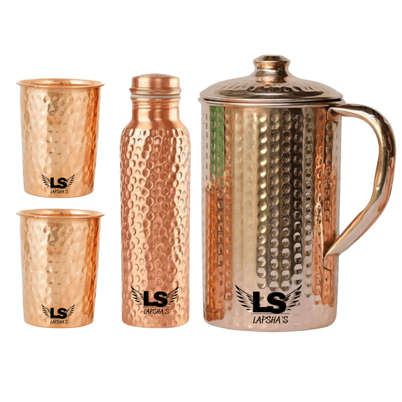 Pure Copper Water Jug Set with 2 Glasses & Copper Bottle 950 ML 1.5 Liter (50.7 fl oz) Hammered Finish Pitcher with Lid & Handle Ayurvedic Copper Drinkware Combo for Home & Travel