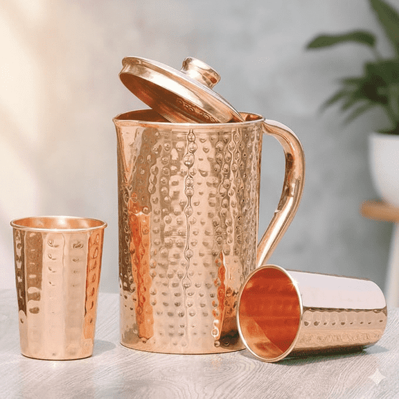 Pure Copper Water Jug with 2 Glasses | Ayurvedic Healthy Drinkware Set | Traditional Handmade Design | Ideal for Home & Gifting