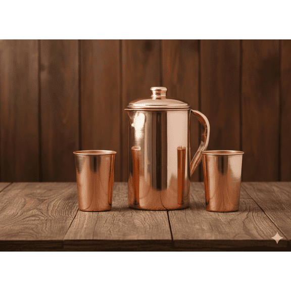 Pure Copper Water Jug with 2 Glasses | Ayurvedic Healthy Drinkware Set | Traditional Handmade Design | Ideal for Home & Gifting