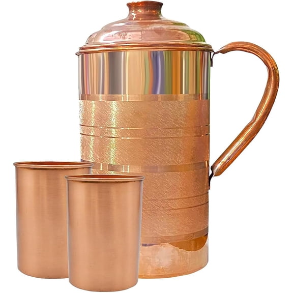 Pure Copper Water Pitcher with 2 Matching Copper Glasses Set, 3-Piece Kit Ayurvedic Health Benefits Leak-Proof Lid & Ergonomic Handle for Daily Use