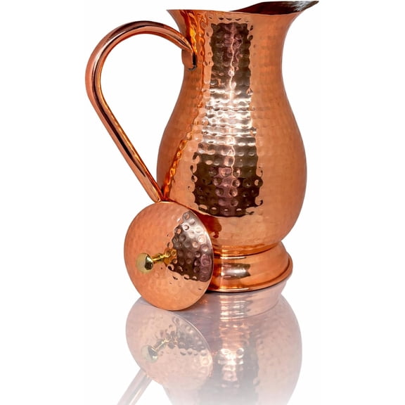 Pure Copper Water Pitcher with Lid, 100% Copper Water Jug, Bold & Divine Style Copper Pitcher