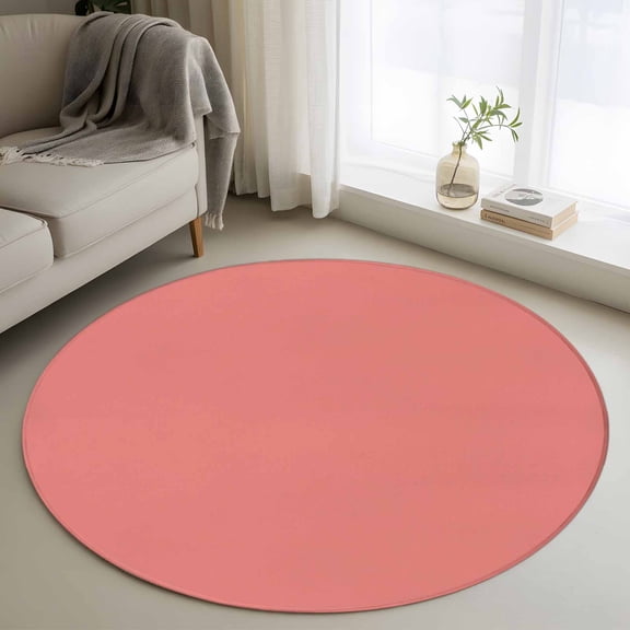 Pure Coral Red Round Area Rug 4ft, Simple Solid Color Washable Non-Slip Circle Rugs for Bedroom Living Room Kitchen, Soft Non Shedding Circle Carpet for Dining Room Dorm