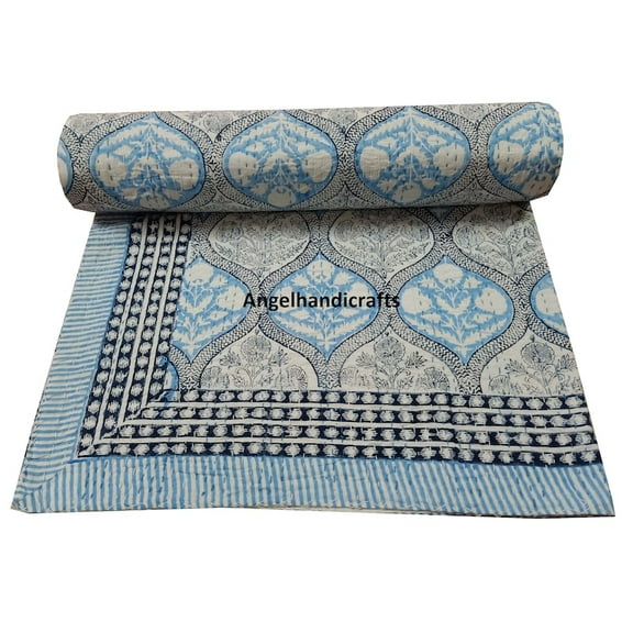 Pure Cotton Bedsheet Hand Block Floral Print Bedcover Handmade Bedspread Reversible Kantha Bedcover Modern Blanket Indian Hand Stitch Throw