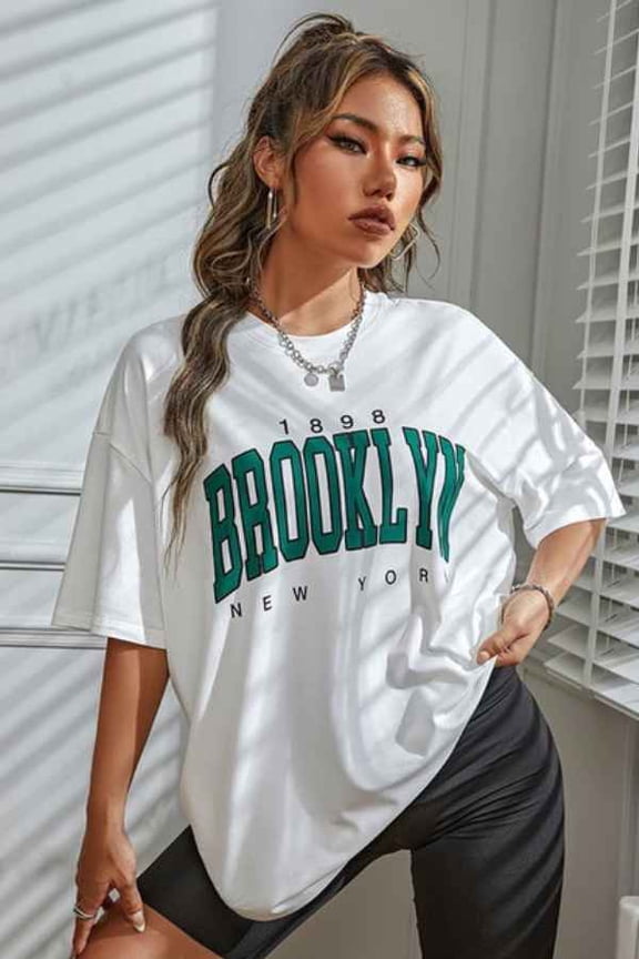 Pure Cotton Brooklyn Print Loose Fit Casual Tee-Shirt (XL, MultiPurple)