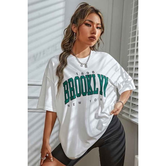 Pure Cotton Brooklyn Print Loose Fit Casual Tee-Shirt (XL, MultiPurple)