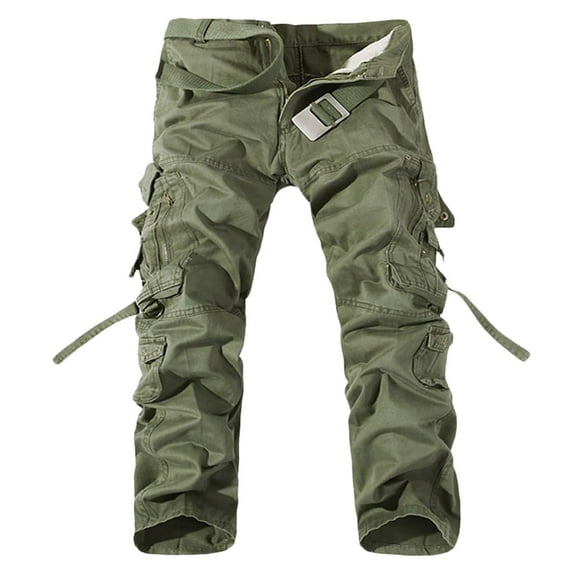 Pure Cotton Casual Cargo Pantd for Men High Waist Straight Leg Multi-pocket Hiking Outdoor Workwear Trousers no Belt Green,L