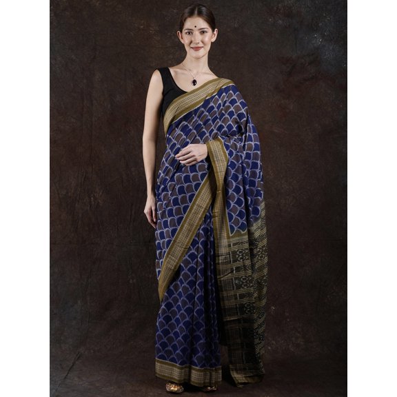 Pure Cotton Clamshell Pattern Ikat Handloom Saree from Sambalpur with Rudraksha Border