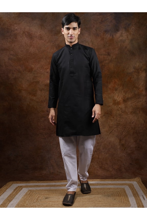 Pure Cotton Plain Casual Kurta with Elastic Waist White Pajama Black Onyx