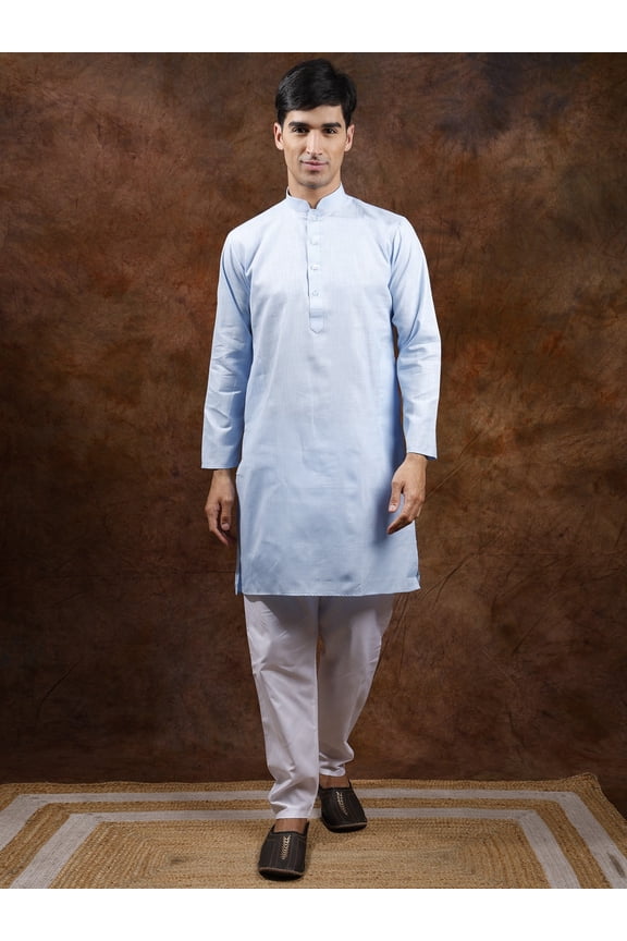 Pure Cotton Plain Casual Kurta with Elastic Waist White Pajama Blue Elixir