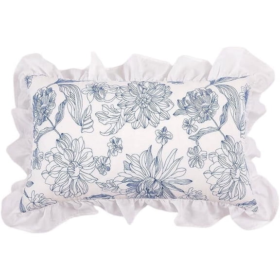 Pure Cotton White Ruffled Embroidered Pillowcase Elegant Rural Style Waterproof Pillowcases Shams Standard Lace Decorative Covers for Living Room Bed Sofa (12"X20", Big Blue Flower)