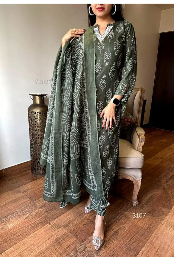 Pure Cotton Women Kurti Pant Set Bollywood Beautiful Ethnic Kurta Set Dress V- Neck 36