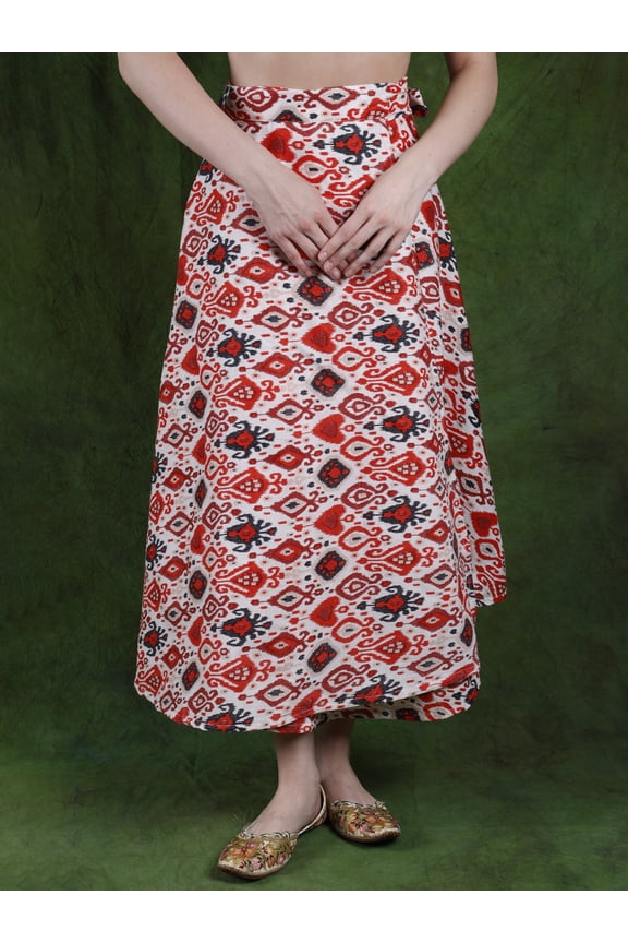 Pure Cotton Wrap-On Long Skirt with Printed Multicolor Ikat Pattern