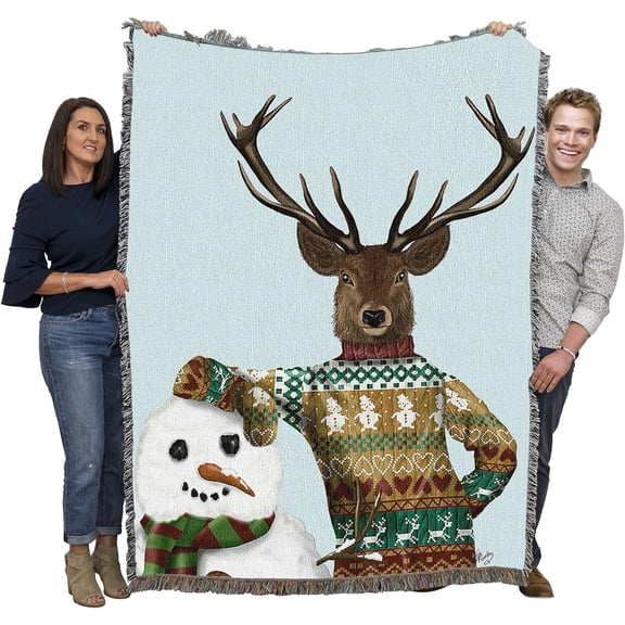 Pure Country Weavers Deer and Snowman Blanket by Fab Funky - Gift Christmas Tapestry Throw Woven from Cotton - Made in The USA (72x54)