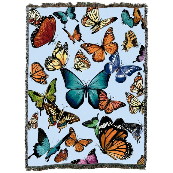 Pure Country Weavers Fluttering Butterflies Light Blue Blanket Cotton Tapestry Throw - Made in The USA - 72" x 54"