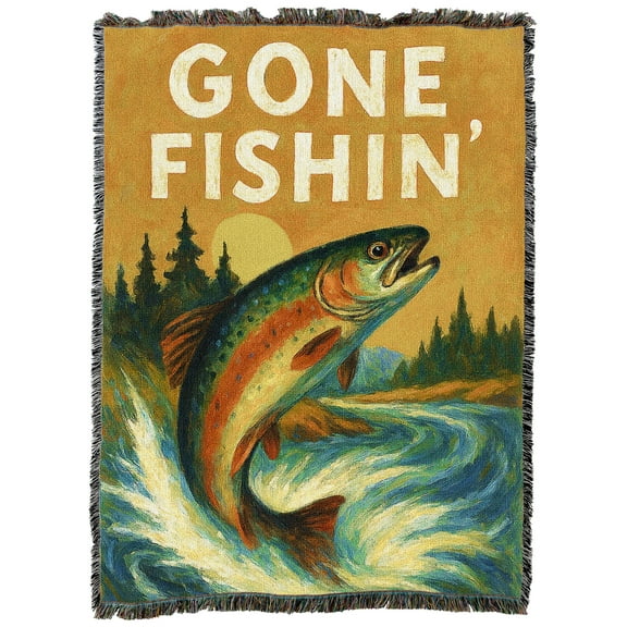 Pure Country Weavers Gone Fishing Cabin Tapestry Throw Blanket Woven from Cotton - Made in The USA (54x72)