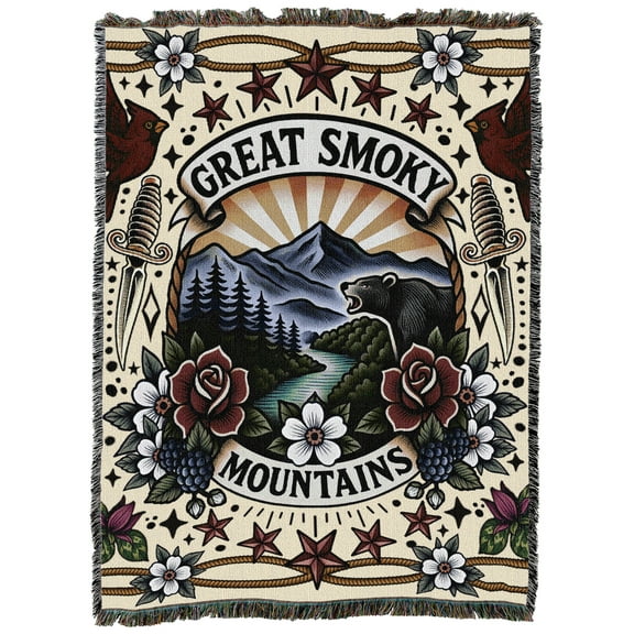 Pure Country Weavers Great Smokey Mtns National Park Tattoo Style Blanket Tapestry Throw Woven from Cotton - Made in The USA (72x54)