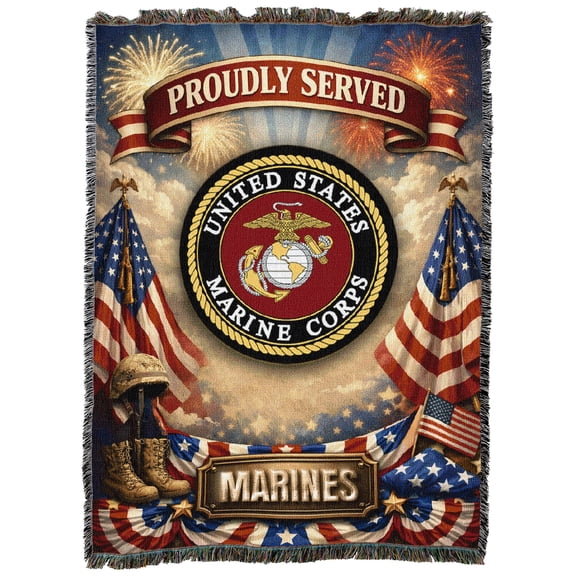 Pure Country Weavers Proudly Served Emblem Marines Cotton Throw, Black and White, 72x54