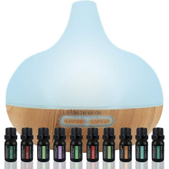 Pure Daily Care 300 ml Aromatherapy Diffuser & 10 Therapeutic Grade Essential Oil Set, Triangle Light Brown