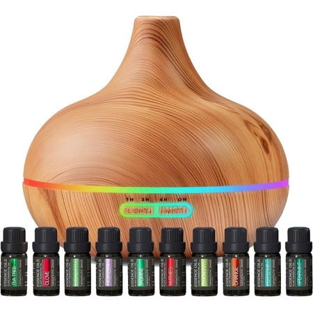 Pure Daily Care Aromatherapy Diffuser Essential Oil Set - 10 Scents, 7 Lights, Timer, Modern Design - Light Wood