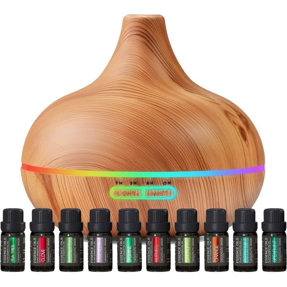 Pure Daily Care Aromatherapy Diffuser Essential Oil Set - 10 Scents, 7 Lights, Timer, Modern Design - Light Wood