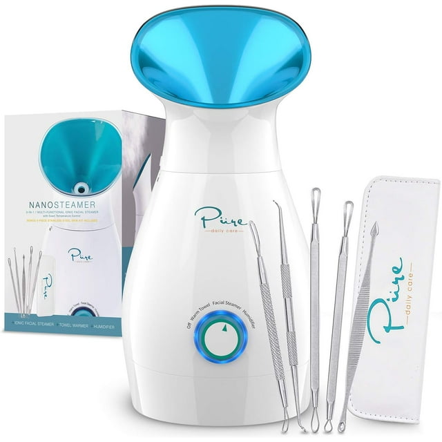 Pure Daily Care Facial Steamer 3-in-1 NanoSteamer with 5-Piece Stainless Steel Skin Care Kit, Large Teal