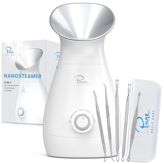 Pure Daily Care Nano Steamer 3-in-1 Ionic Facial Nano Facial Mister 5-Piece Stainless Steel Skin Kit (Silver)