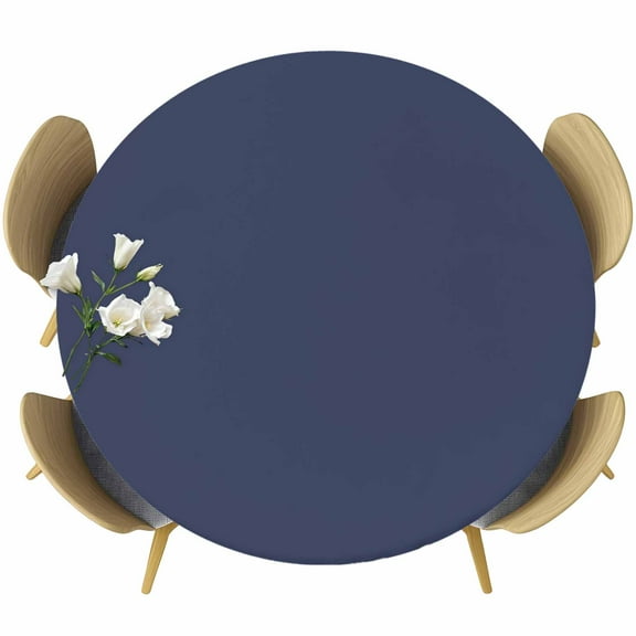 Pure Dark Blue Table Cloth, Round Fitted Tablecloths with Elastic Edge, Simple Solid Color Wipeable Waterproof Table Cover for Kitchen Wedding 45-54 Inches