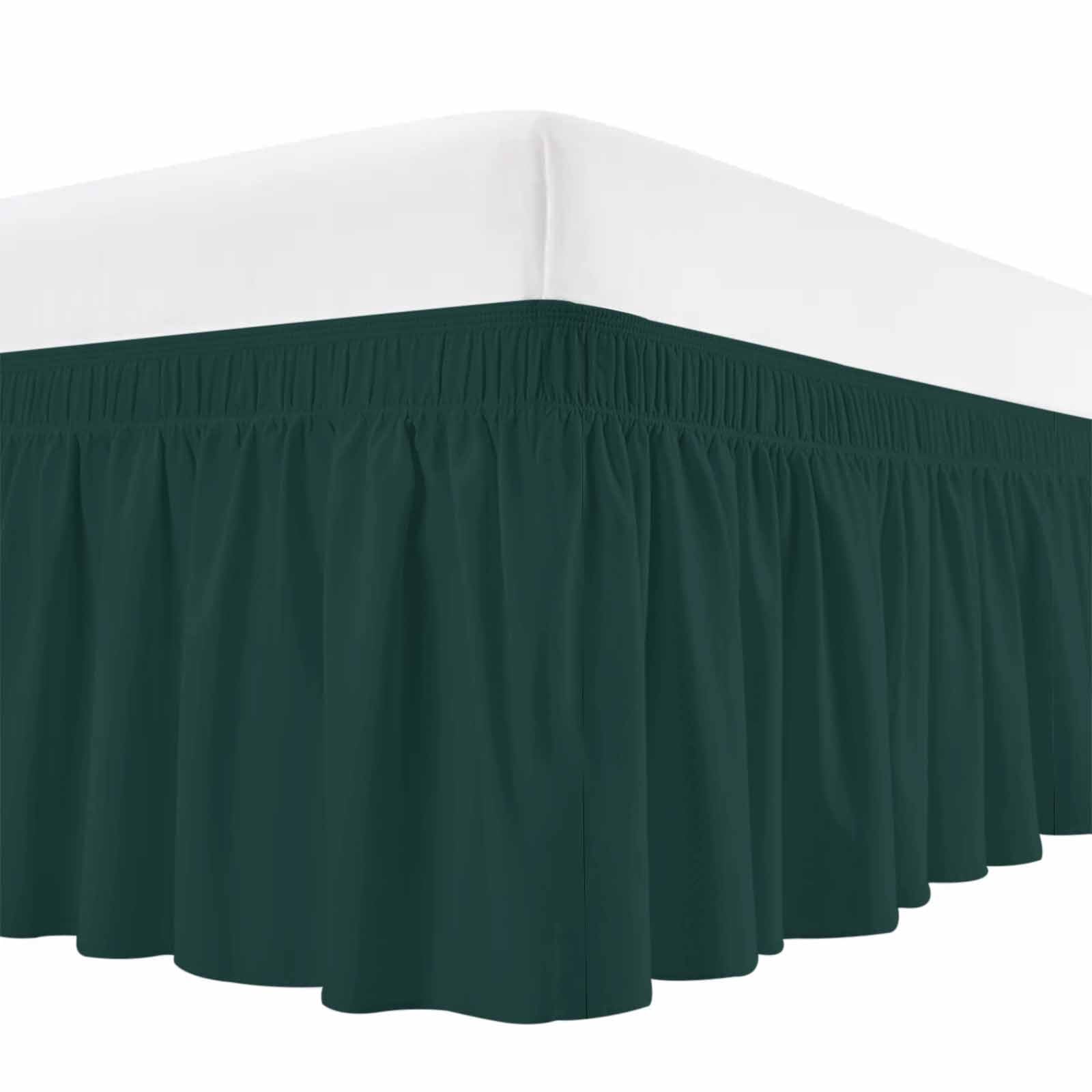 Pure Dark Green Bed Skirt Queen Size, Simple Solid Color Wrap Around Bed Skirting with Adjustable Elastic Strap, Dust Ruffle Pleated Bedskirts 18 Inch Drop for Bedroom Queen Beds