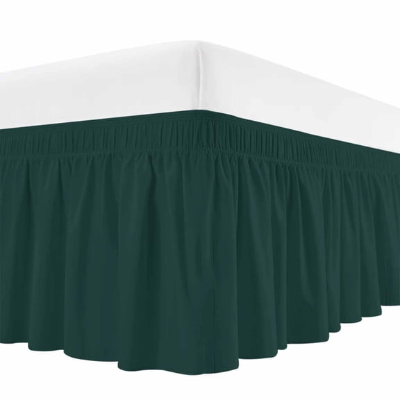 Pure Dark Green Bed Skirt Queen Size, Simple Solid Color Wrap Around Bed Skirting with Adjustable Elastic Strap, Dust Ruffle Pleated Bedskirts 18 Inch Drop for Bedroom Queen Beds