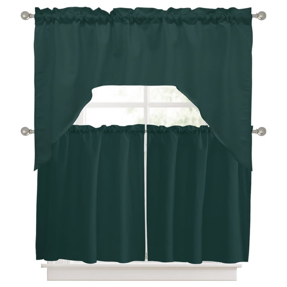 Pure Dark Green Kitchen Tier and Swag Window Curtain Set for Small Window 24 Inches Length, Simple Solid Color Rod Pocket Light Filtering Window Treatment Swags Tier Set 3pcs