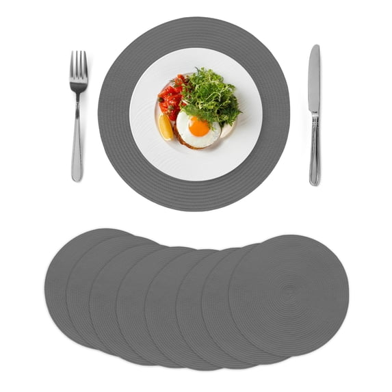 Pure Dark Grey Round 15 Inch Placemats Set of 8, Simple Solid Color HeatResistant Non Slip Place Mats for Dining Table, Wipeable Braided Kitchen Table Mats for Housewarming