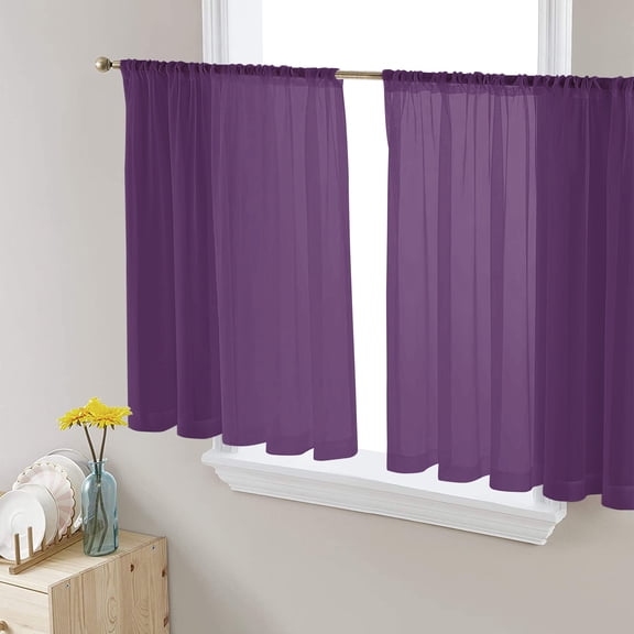 Pure Dark Purple Semi Sheer Curtains 45 Inch Length 2 Panels Set, Simple Solid Color Sheer Kitchen Curtain Privacy Voile Window Curtain for Living Room Bedroom Rod Pocket Drapes