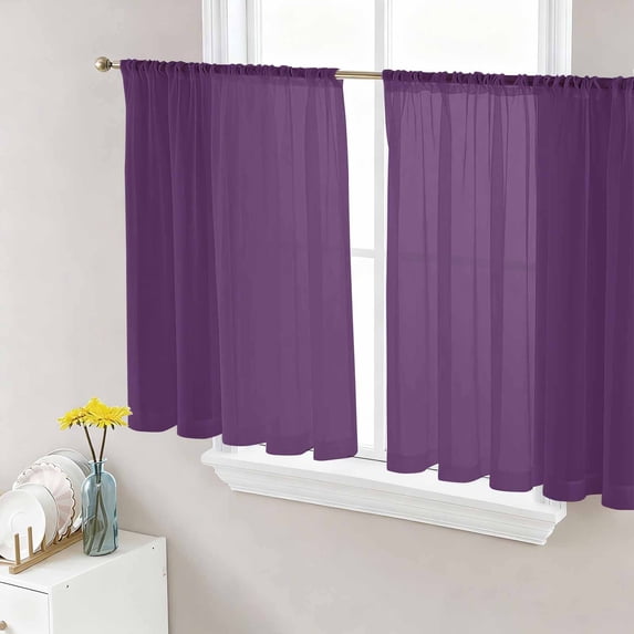 Pure Dark Purple Semi Sheer Window Curtains 45 Inches Long, Simple Solid Color Rod Pocket Voile Silky Chiffon Curtain Light Filtering Drapes for Living Room, Kitchen, Bedroom, 52"x45", 2 Panels
