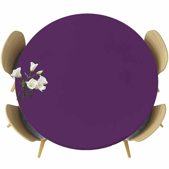 Pure Dark Purple Table Cloth, Round Fitted Tablecloths with Elastic Edge, Simple Solid Color Wipeable Waterproof Table Cover for Kitchen Wedding 55-60 Inches