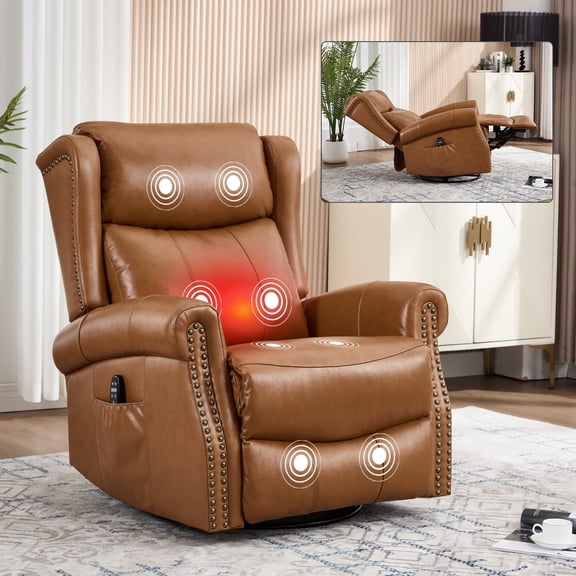 Pure Dashio Recliner Chair,Leather Swivel Rocker Recliner Chair with Massage & Lumbar Heating,Sofa Chair with Storage for Living Room Sofa Chair,Bedroom Sofa Chair Light Yellow