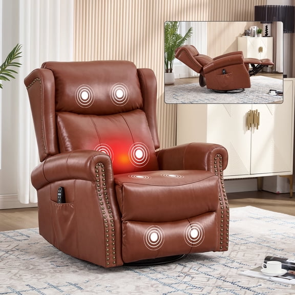 Pure Dashio Recliner Chair,Leather Swivel Rocker Recliner Chair with Massage & Lumbar Heating,Sofa Chair with Storage for Living Room Sofa Chair,Bedroom Sofa Chair Red