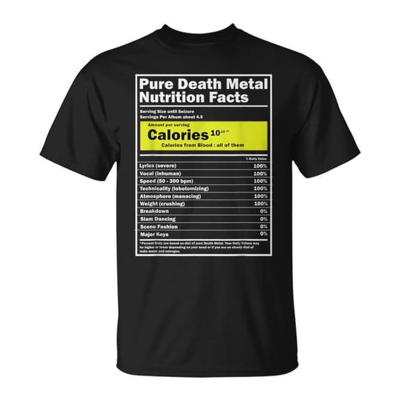Pure Death Metal Nutrition Facts Metalhead Musician Graphic Cotton Tee Unisex Adult Casual Music Lover T-Shirt, Size XL, Color Black