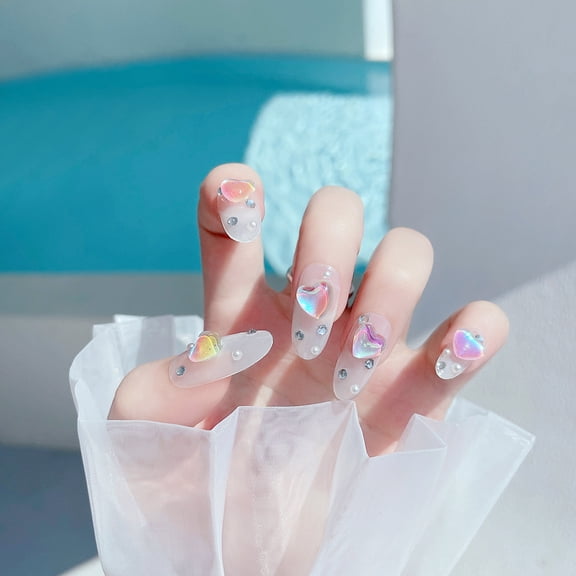 Pure Desire Ice Transparent Aurora Love Peach Heart Wearing Nail 24 Piece Box Fake Nail Finished Products Wholesale Magic Nail Art X70