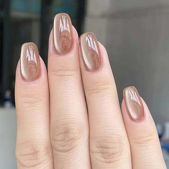 Pure Desire Minimalist Press-On Nails - Various Nail Shapes, Reflective Cat Eye & Assorted Shiny Tips, 3 Sets (24Pcs/Set) with Complimentary Jelly Glue & Nail File-light tan