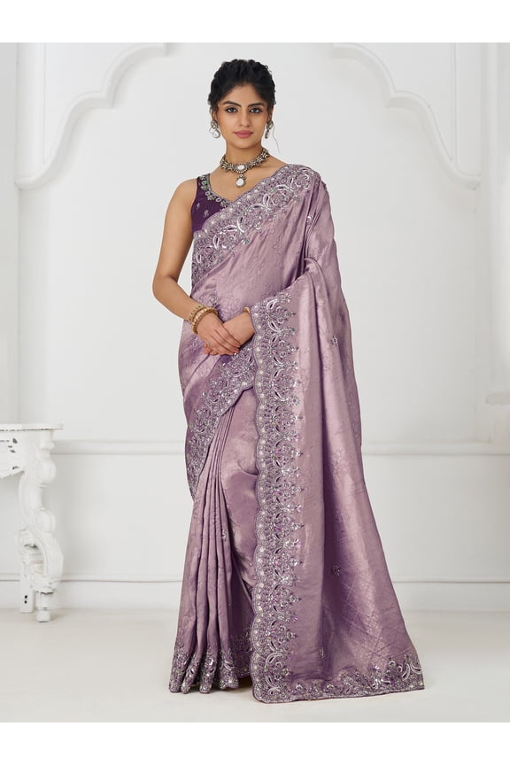 Pure Dola Viscose Silk Sequins And Embroidery Work Embellished Border Fancy Saree – Pastel Purple