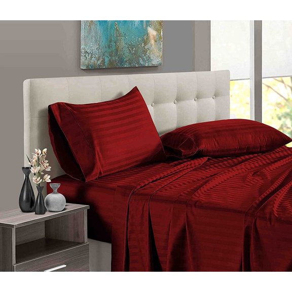 Pure Dreams Sheet Set 5 Piece - 400 Thread Count - 12" Deep Pocket - 100% Egyptian Cotton - Cool and Breathable - Burgundy Stripe, Full Size