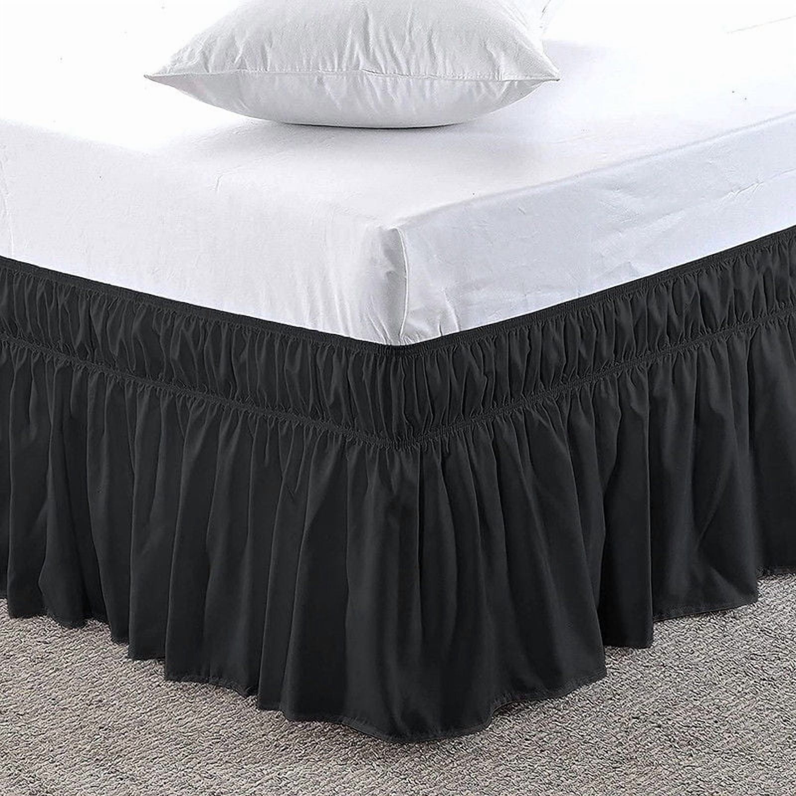 Pure Dreams Wrap Around Dust Ruffle Bed Skirt, 100% Microfiber, 12 Inch Drop, Easy Fit Elastic Strap- Black Queen Size