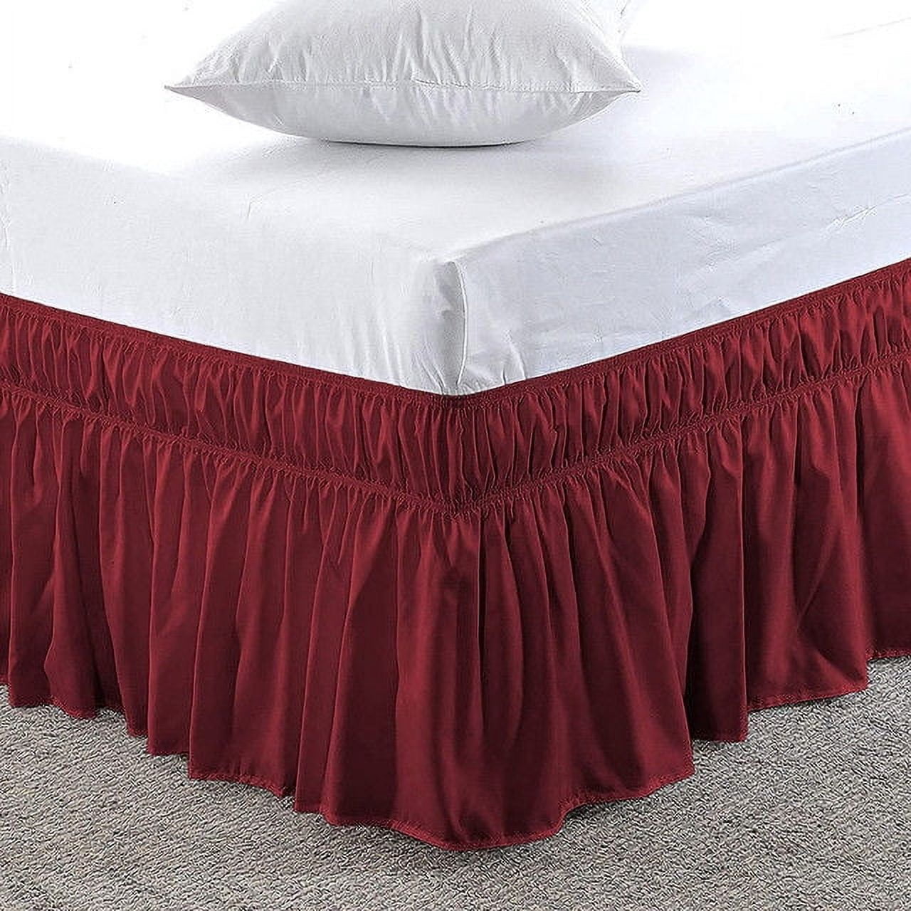Pure Dreams Wrap Around Dust Ruffle Bed Skirt, 100% Microfiber, 15 Inch Drop, Easy Fit Elastic Strap- Burgundy Twin Size