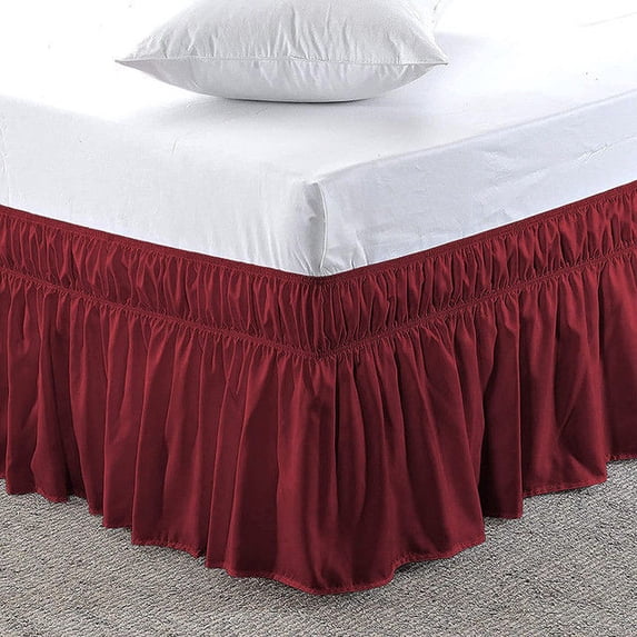 Pure Dreams Wrap Around Dust Ruffle Bed Skirt, 100% Microfiber, 22 Inch Drop, Easy Fit Elastic Strap- Burgundy Queen Size