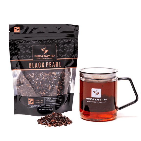Pure And Easy Tea, Black Pearl, Luxury Black Tea Blend, Bold & Smooth with Vanilla Bean, Cocoa, Lavender Buds, 100% Natural Loose Leaf Perfection, 100g/3.5oz